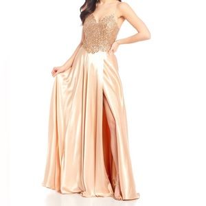 (NWOT). GB satin/sequin prom dress. Never worn. Size 3. Rose gold color.